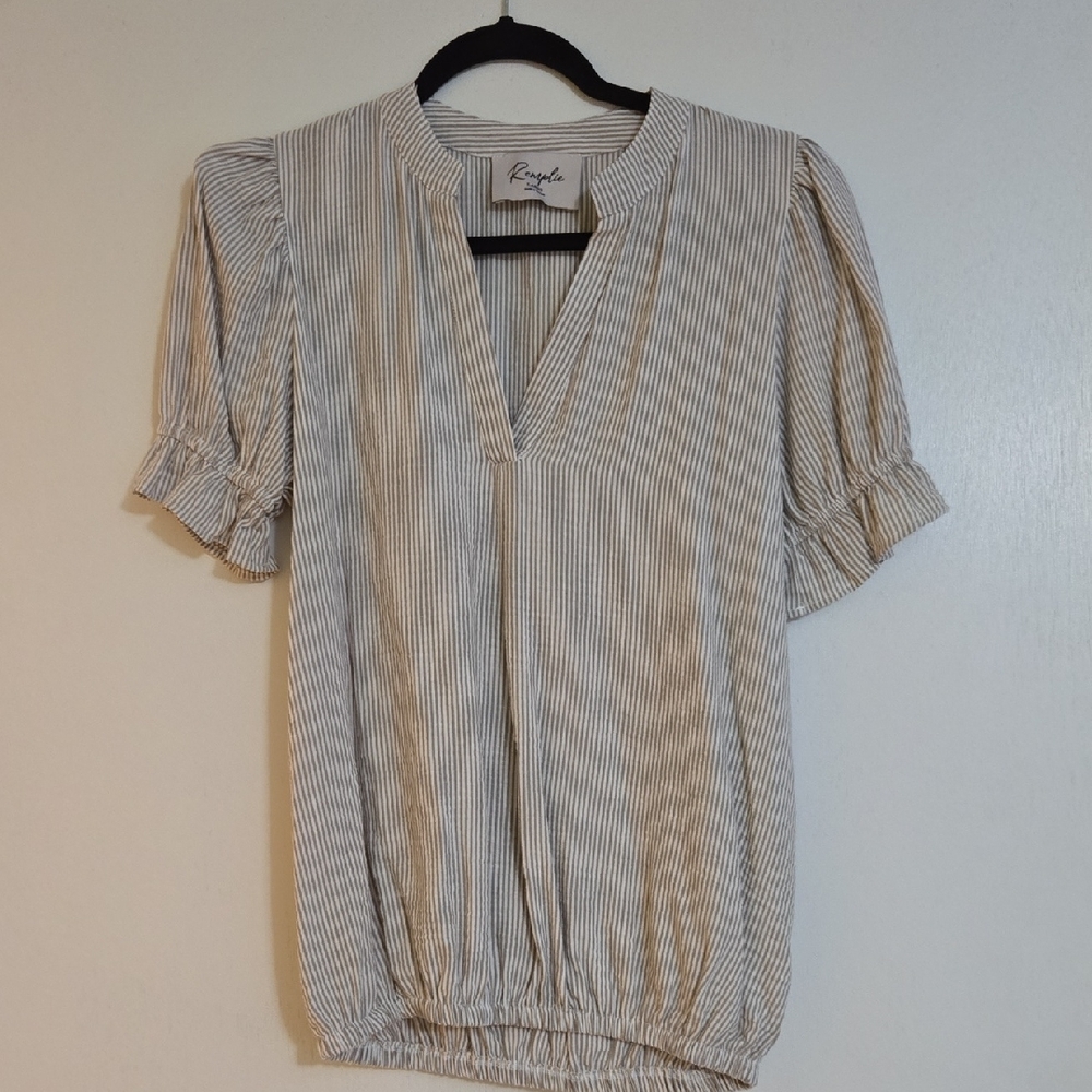 Tan And White Striped V-Neck Blouse